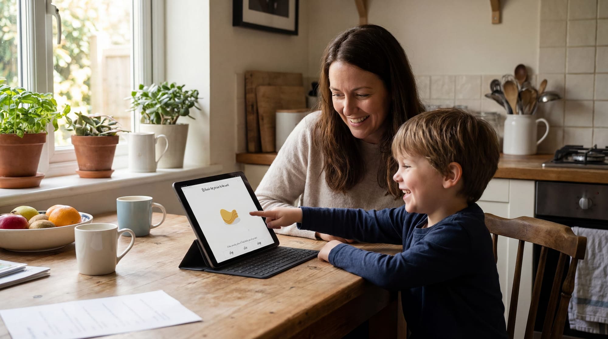 Parent and child reading together with Phonicspal at home