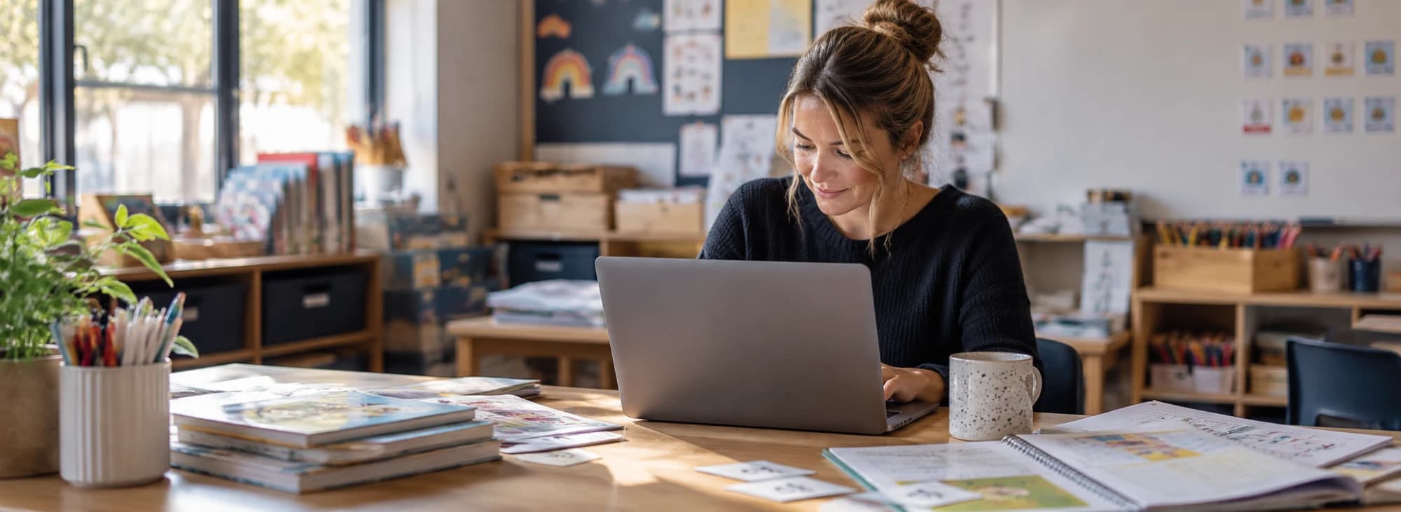 A teacher planning at her laptop in a sunny classroom, picture books and lesson notes on the desk