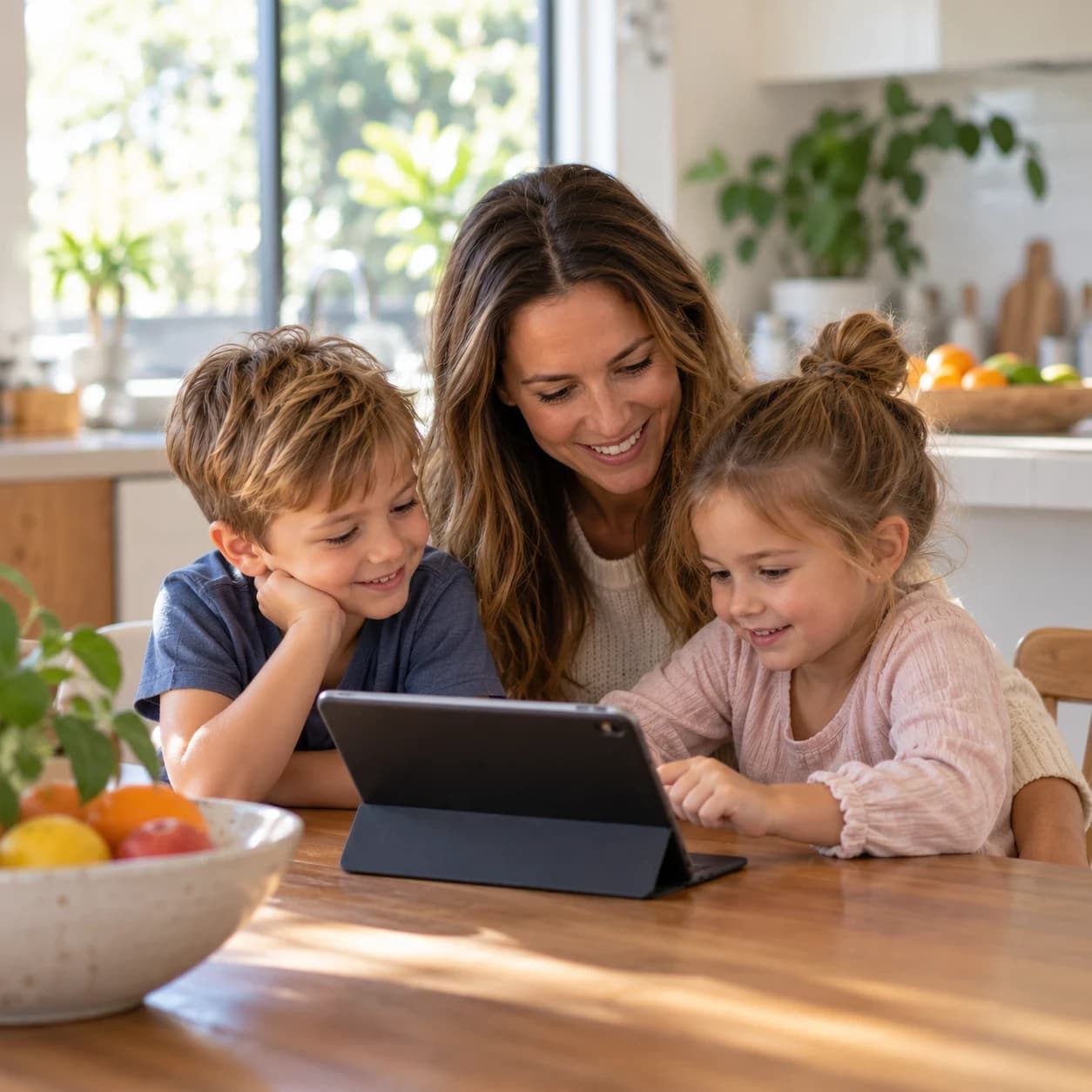 A parent and two children working on a tablet at the kitchen table