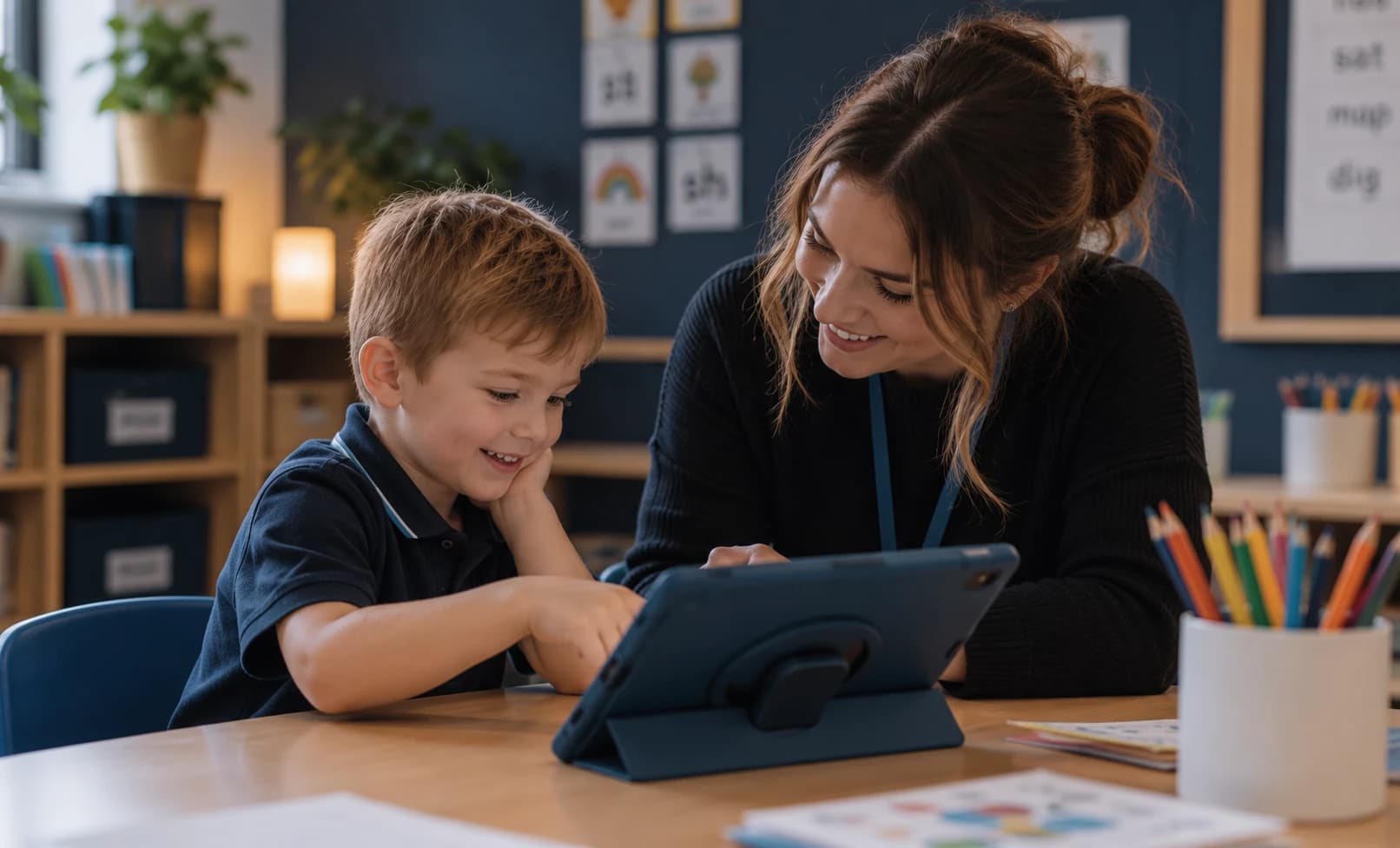 A tutor smiling as a young boy works through a reading activity on a tablet